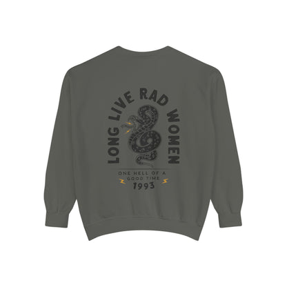 Long Live Rad Women retro graphic sweatshirt with snake design, vintage women pullover, relaxed fit sweatshirt, empowering feminist graphic tee, oversized casual shirt, lightweight retro top, perfect as a statement women tee or casual cotton shirt. 
