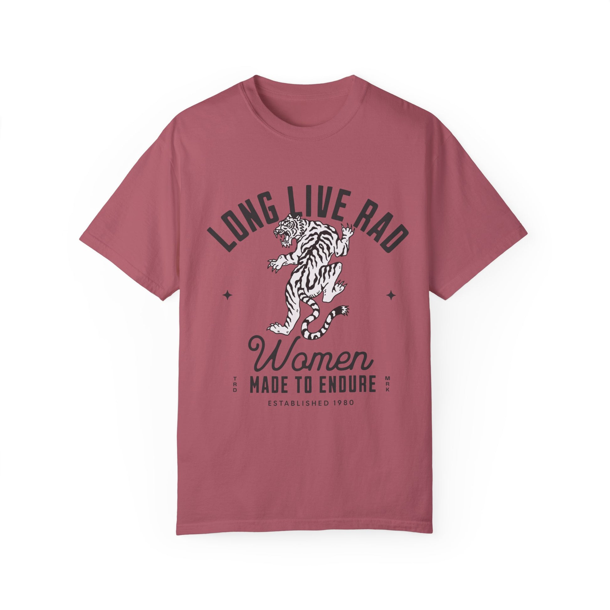 Rad Women Tee with vintage tiger graphic. 90s band graphic tee style with distressed rock tee aesthetic. Edgy women’s tee for a bold look. Western rock tee meets grunge style tee. Badass women tee with rebel graphic tee energy, perfect for everyday wear.