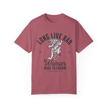 Rad Women Tee with vintage tiger graphic. 90s band graphic tee style with distressed rock tee aesthetic. Edgy women’s tee for a bold look. Western rock tee meets grunge style tee. Badass women tee with rebel graphic tee energy, perfect for everyday wear.
