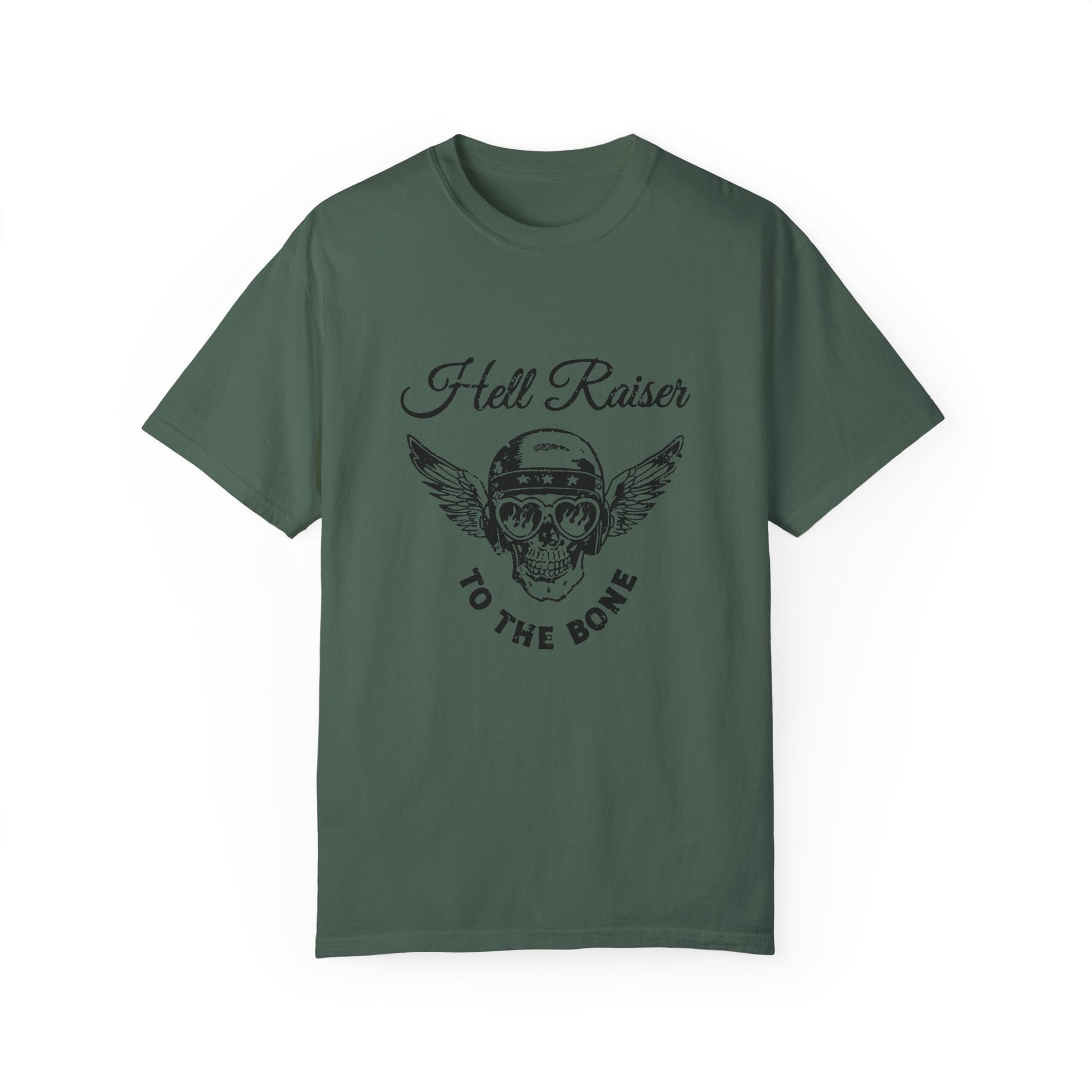 Graphic tee featuring a vintage-inspired winged skull and helmet design. Perfect for fans of retro biker style, rebel looks, and distressed rocker shirts. A badass, edgy option for casual wear with a unique skull and wings design.