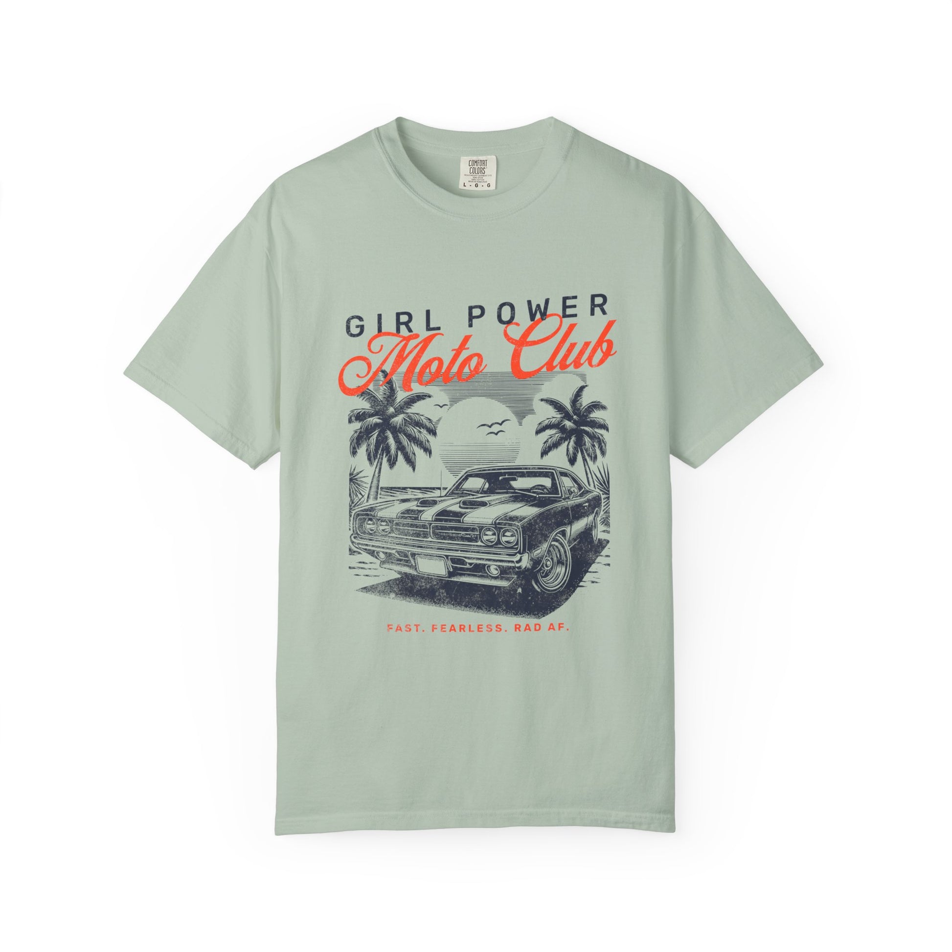 Light green t-shirt with 'Girl Power Moto Club' graphic design on a white background