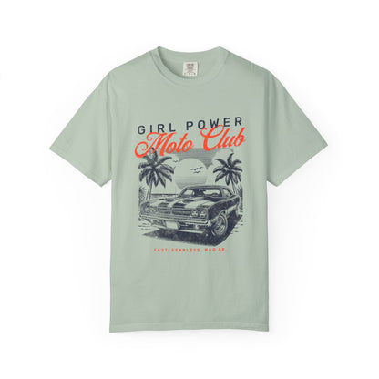 Light green t-shirt with 'Girl Power Moto Club' graphic design on a white background
