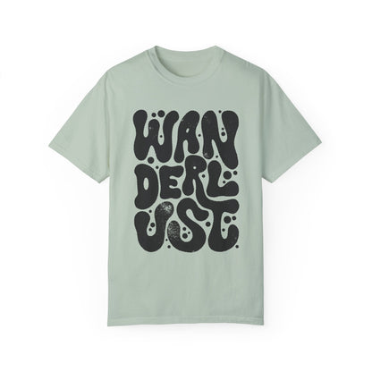 Retro Wanderlust Tee with bold psychedelic font, perfect for travel lovers, free spirits, and adventure seekers. Vintage-inspired graphic t-shirt with groovy lettering and minimalist aesthetic. Oversized fit for a laid-back, casual style. 