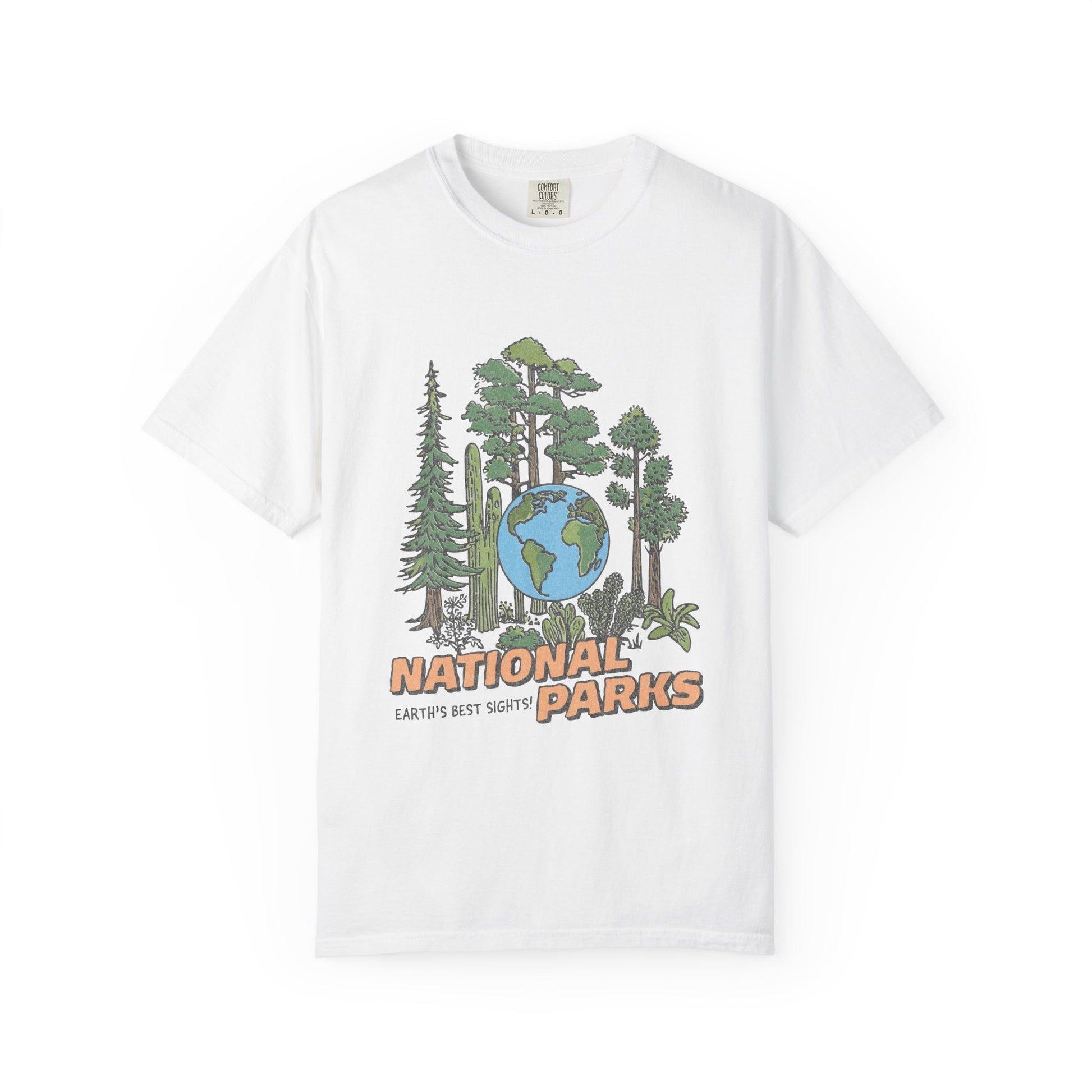 White t-shirt with national parks graphic design on a white background