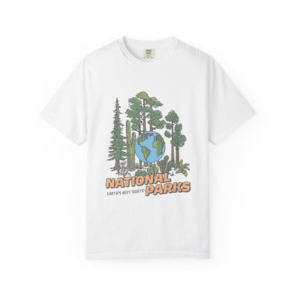 White t-shirt with national parks graphic design on a white background
