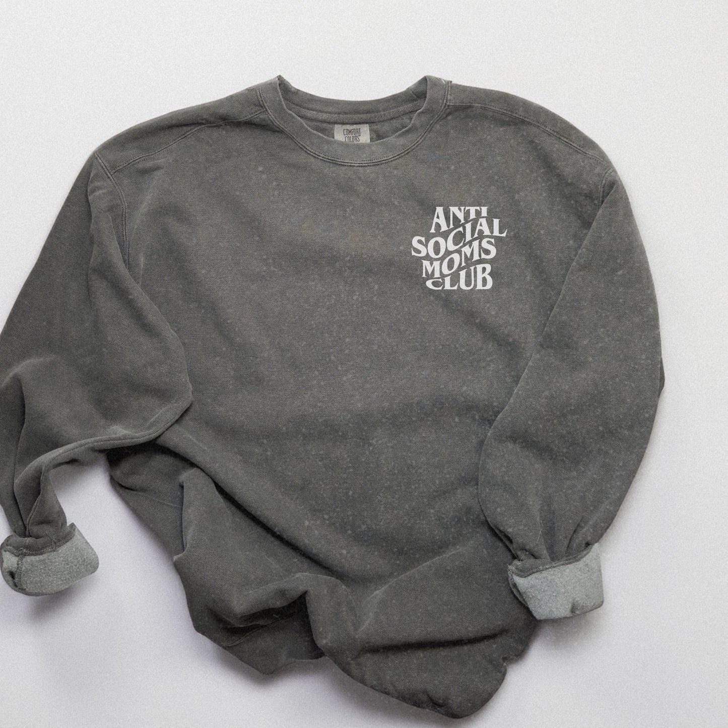 Anti Social Moms Club sweatshirt with bold graphic text on the back. Perfect funny mom sweatshirt or vintage mom pullover for casual wear. Stylish, oversized fit for a comfy mom sweatshirt, ideal gift for moms who love humor and relaxed style.