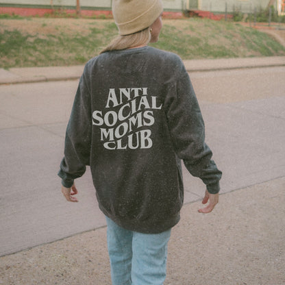 Anti Social Moms Club sweatshirt with bold graphic text on the back. Perfect funny mom sweatshirt or vintage mom pullover for casual wear. Stylish, oversized fit for a comfy mom sweatshirt, ideal gift for moms who love humor and relaxed style.
