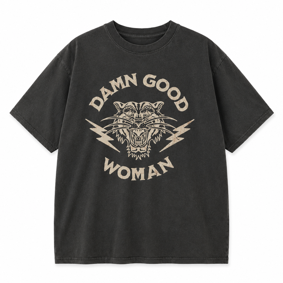 Black t-shirt with 'Damn Good Woman' graphic design on a white background