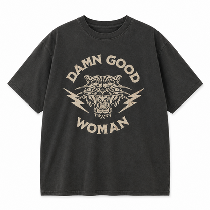 Black t-shirt with 'Damn Good Woman' graphic design on a white background