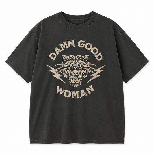 Black t-shirt with 'Damn Good Woman' graphic design on a white background