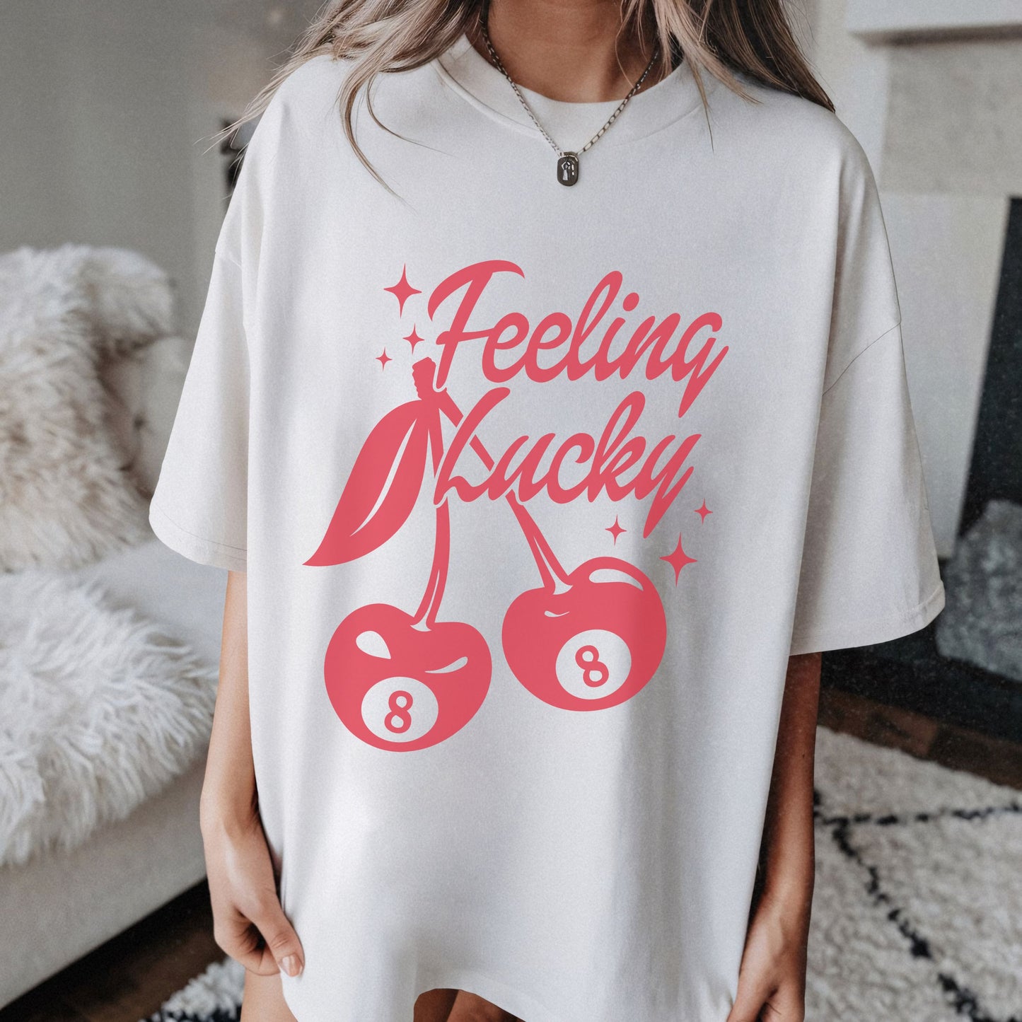 Shirt featuring a lucky cherry graphic with vintage red cherries and an 8-ball design. Retro cherry t-shirt with a feeling lucky vibe, perfect as a black vintage shirt or fun vintage shirt for casual, stylish looks.