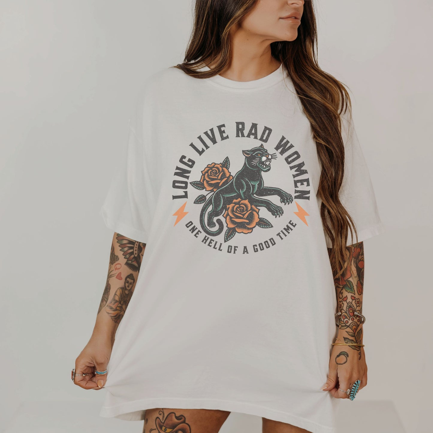 Rad women graphic tee with vintage panther and floral tattoo design. Feminist retro tee made for bold women and cool girls. Edgy graphic tee with panther crew style for rebel hearts. Powerful women tee perfect for everyday casual looks.