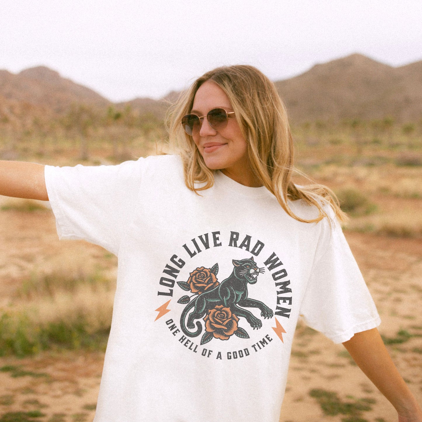 Rad women graphic tee with vintage panther and floral tattoo design. Feminist retro tee made for bold women and cool girls. Edgy graphic tee with panther crew style for rebel hearts. Powerful women tee perfect for everyday casual looks.