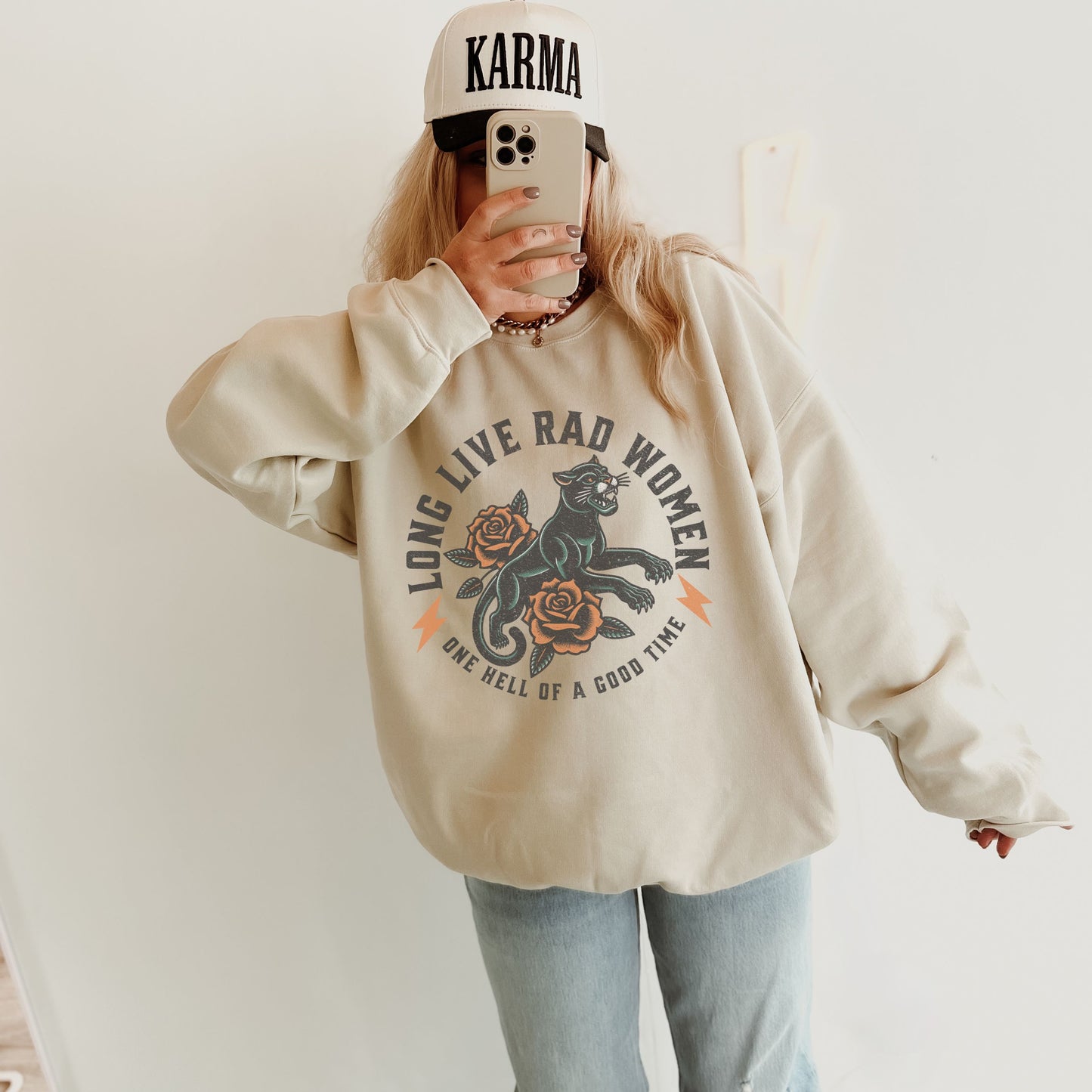 Rad women sweatshirt with vintage panther and floral tattoo design. Bold graphic pullover for cool girls and rebel hearts. Feminist crewneck with retro panther style. Empowered women top perfect for casual, everyday, and statement looks.