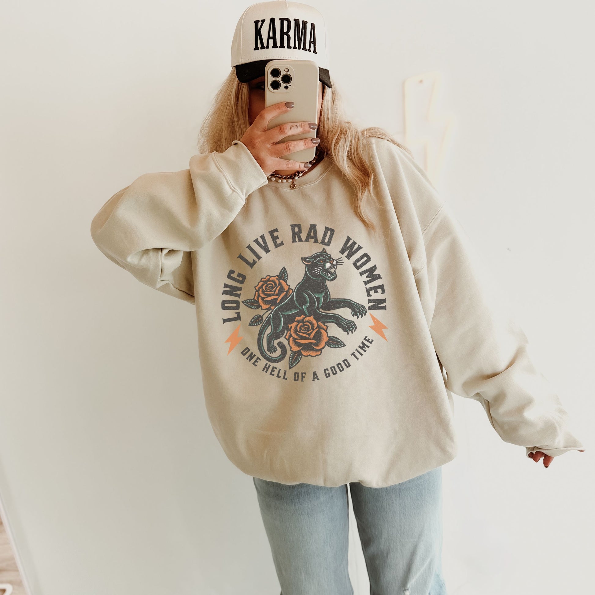 Rad women sweatshirt with vintage panther and floral tattoo design. Bold graphic pullover for cool girls and rebel hearts. Feminist crewneck with retro panther style. Empowered women top perfect for casual, everyday, and statement looks.