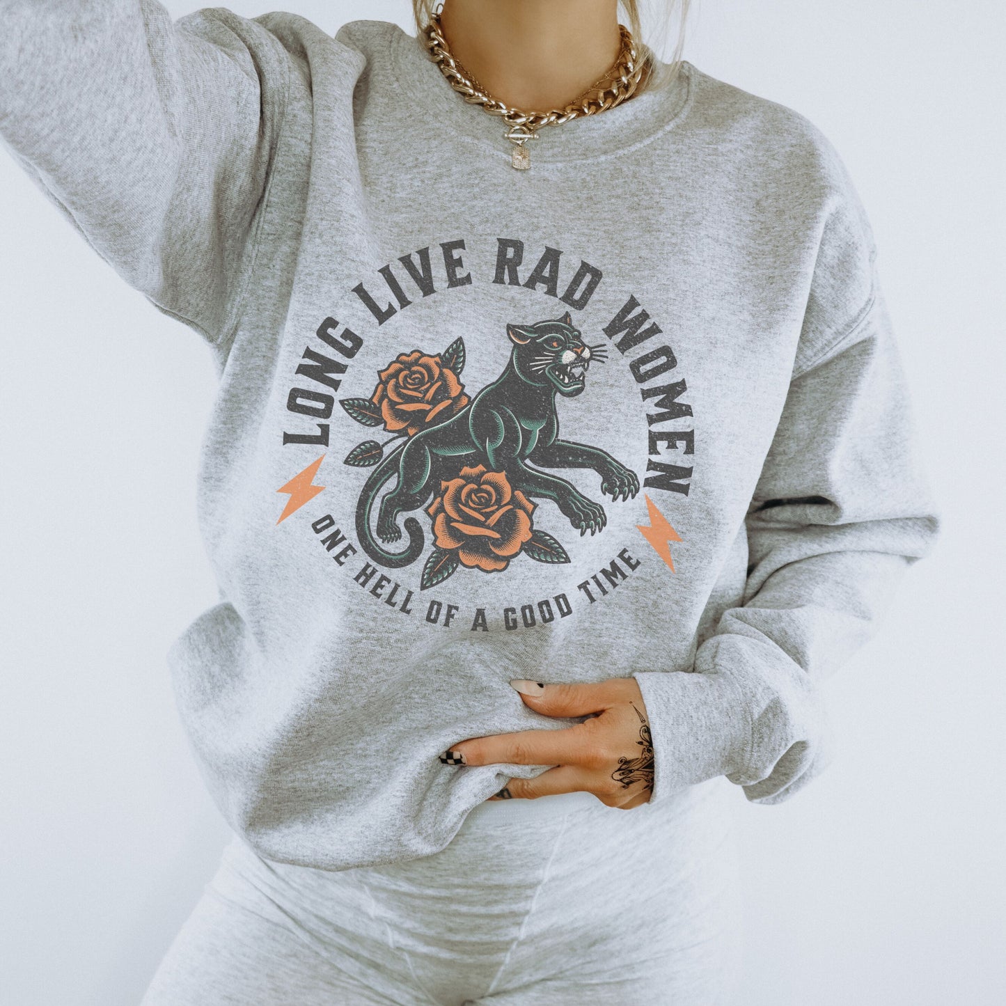 Rad women sweatshirt with vintage panther and floral tattoo design. Bold graphic pullover for cool girls and rebel hearts. Feminist crewneck with retro panther style. Empowered women top perfect for casual, everyday, and statement looks.