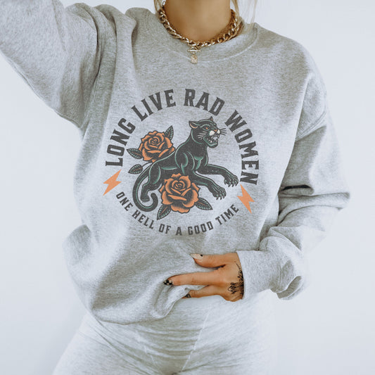 Rad women sweatshirt with vintage panther and floral tattoo design. Bold graphic pullover for cool girls and rebel hearts. Feminist crewneck with retro panther style. Empowered women top perfect for casual, everyday, and statement looks.
