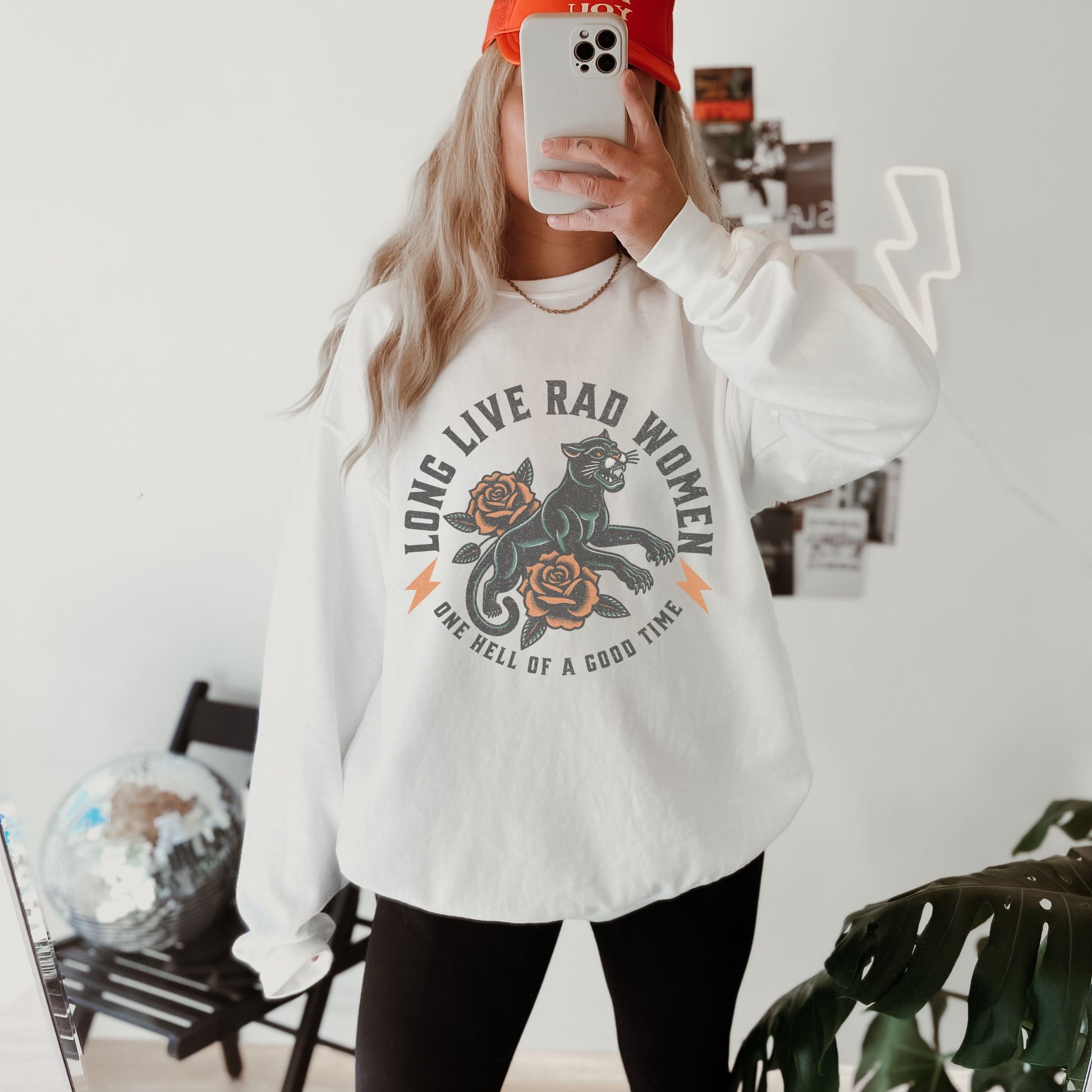 Rad women sweatshirt with vintage panther and floral tattoo design. Bold graphic pullover for cool girls and rebel hearts. Feminist crewneck with retro panther style. Empowered women top perfect for casual, everyday, and statement looks.