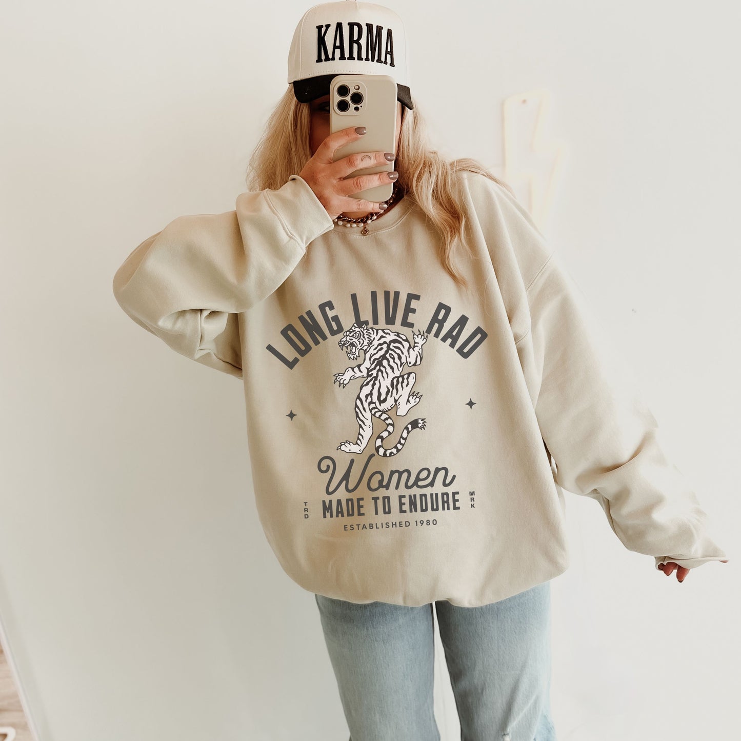 Rad Women Sweatshirt with tiger graphic. 90s aesthetic crew with vintage style. Edgy women’s crew with Western rock vibes. Distressed rock crew for a bold look. Badass women crew with rebel energy. Retro tiger crew, perfect for everyday wear and layering.