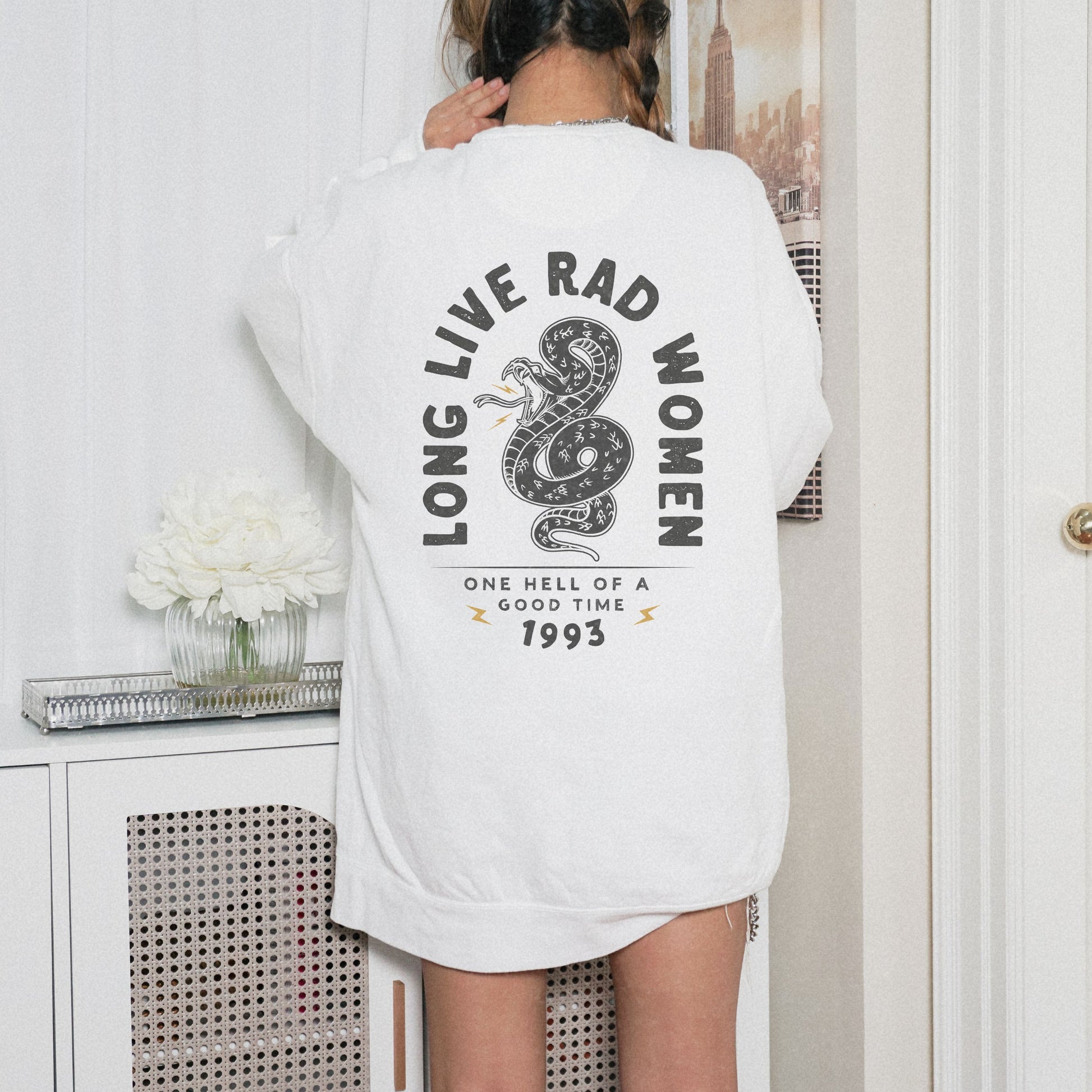 Long Live Rad Women retro graphic sweatshirt with snake design, vintage women pullover, relaxed fit sweatshirt, empowering feminist graphic tee, oversized casual shirt, lightweight retro top, perfect as a statement women tee or casual cotton shirt. 