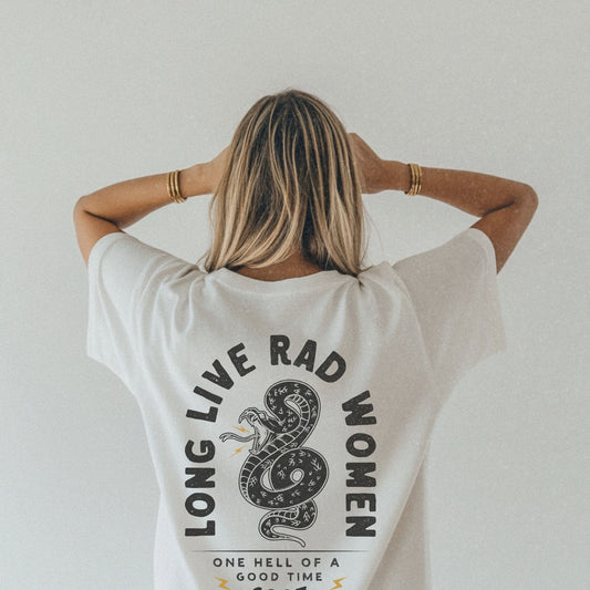 Long Live Rad Women retro snake tee, vintage cotton shirt with relaxed fit, feminist graphic tee, statement graphic tee, snake design tee, lightweight casual cotton tee, bold feminist shirt, 90s style t-shirt, graphic women tee for everyday wear.