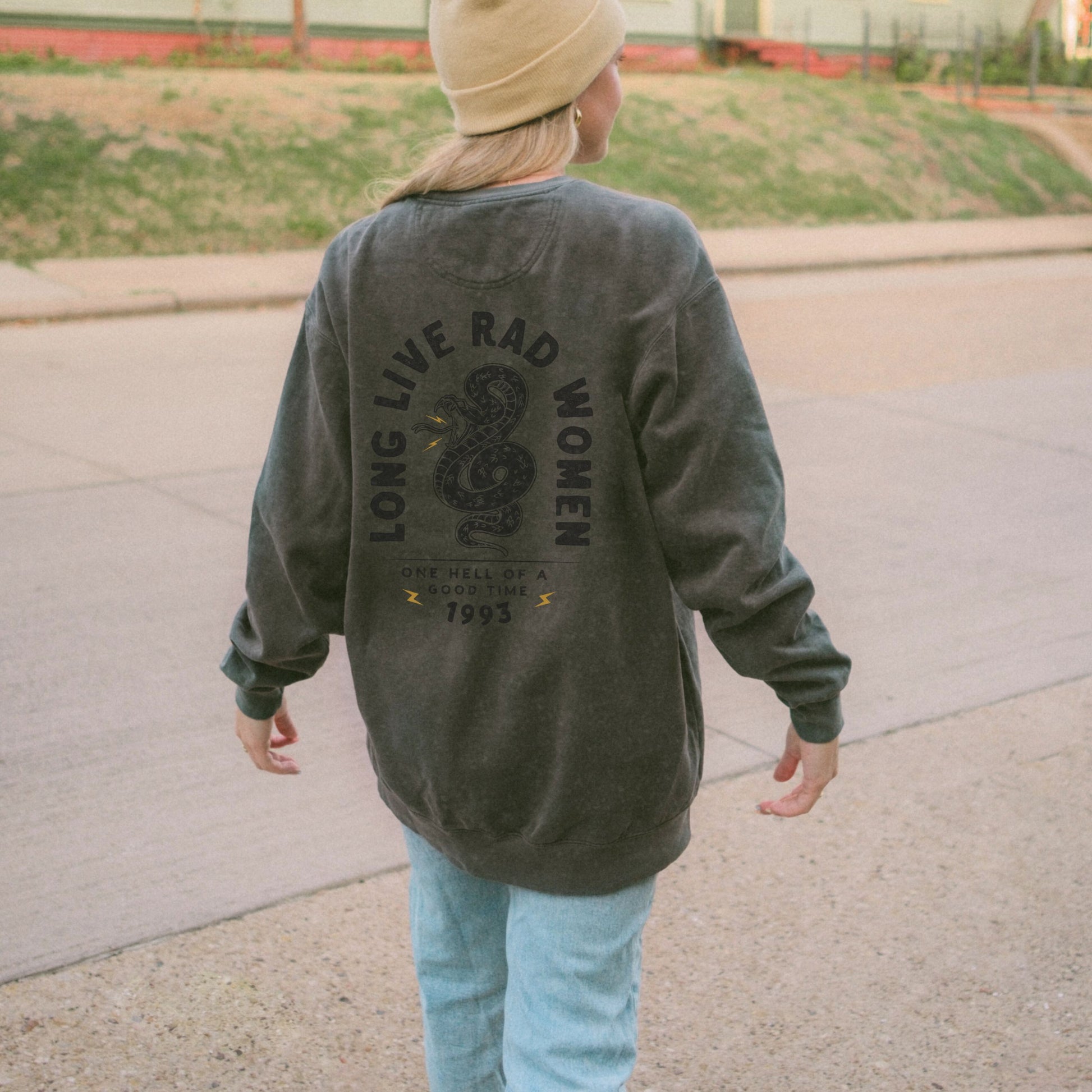 Long Live Rad Women retro graphic sweatshirt with snake design, vintage women pullover, relaxed fit sweatshirt, empowering feminist graphic tee, oversized casual shirt, lightweight retro top, perfect as a statement women tee or casual cotton shirt. 
