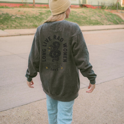 Long Live Rad Women retro graphic sweatshirt with snake design, vintage women pullover, relaxed fit sweatshirt, empowering feminist graphic tee, oversized casual shirt, lightweight retro top, perfect as a statement women tee or casual cotton shirt. 