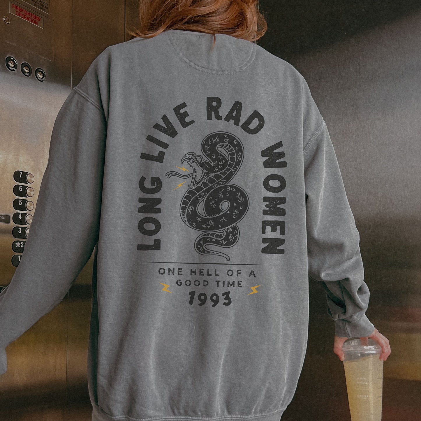 Long Live Rad Women retro graphic sweatshirt with snake design, vintage women pullover, relaxed fit sweatshirt, empowering feminist graphic tee, oversized casual shirt, lightweight retro top, perfect as a statement women tee or casual cotton shirt. 