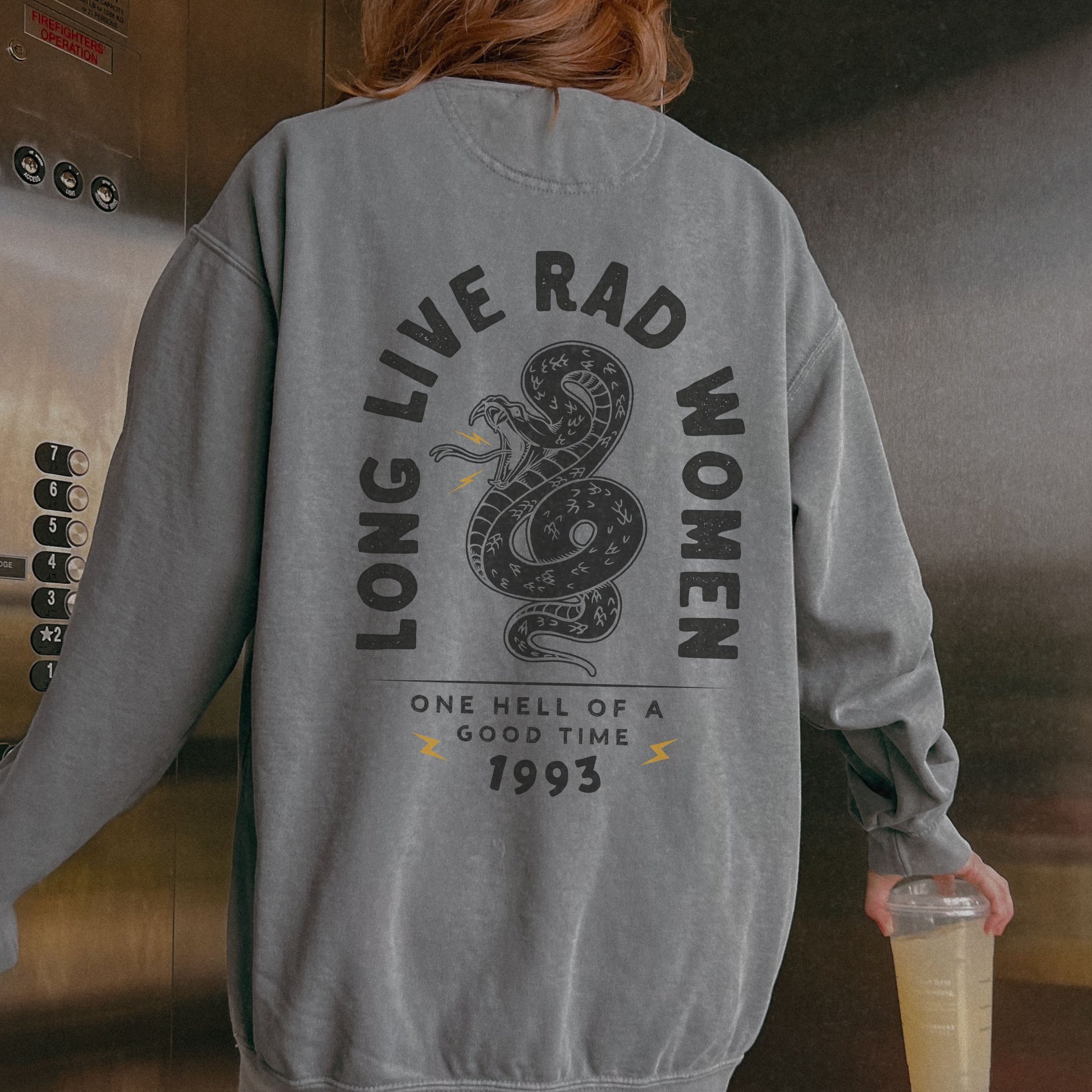 Long Live Rad Women retro graphic sweatshirt with snake design, vintage women pullover, relaxed fit sweatshirt, empowering feminist graphic tee, oversized casual shirt, lightweight retro top, perfect as a statement women tee or casual cotton shirt. 