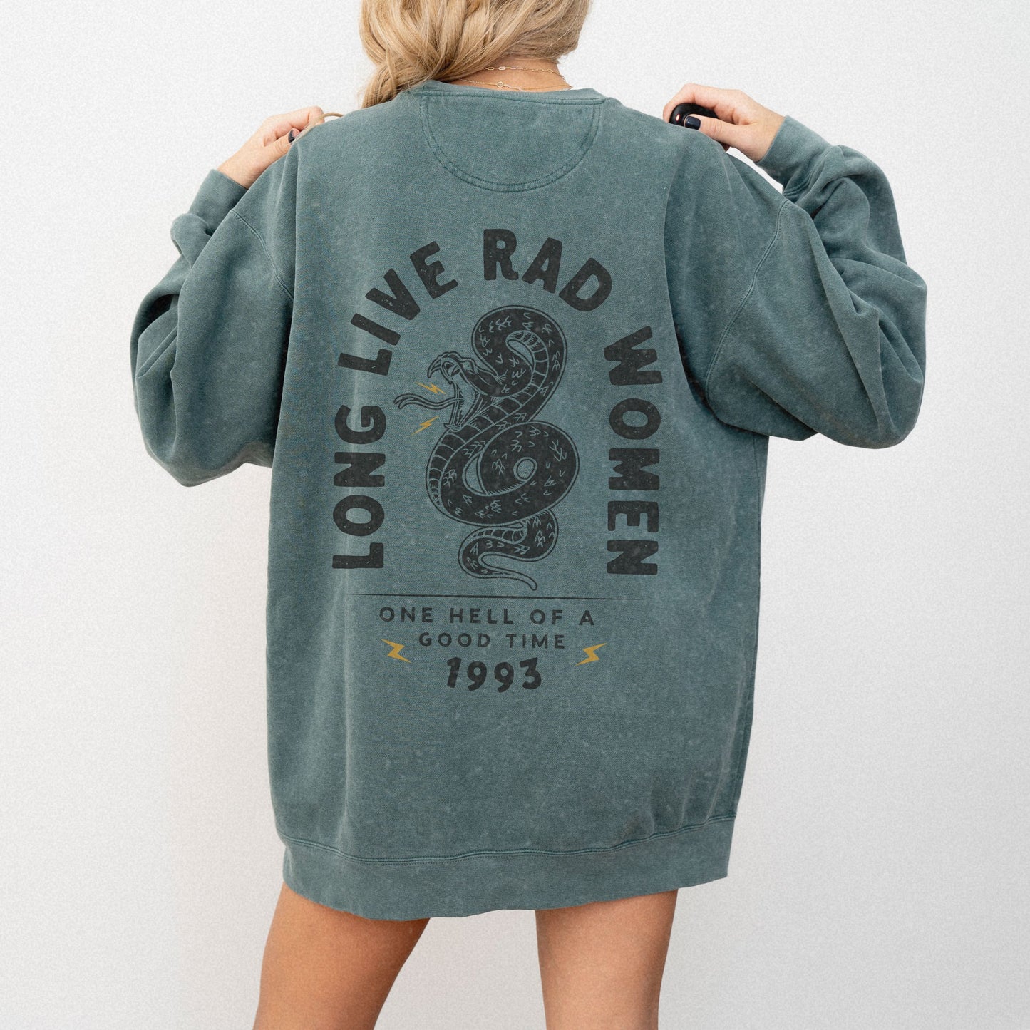 Long Live Rad Women retro graphic sweatshirt with snake design, vintage women pullover, relaxed fit sweatshirt, empowering feminist graphic tee, oversized casual shirt, lightweight retro top, perfect as a statement women tee or casual cotton shirt. 
