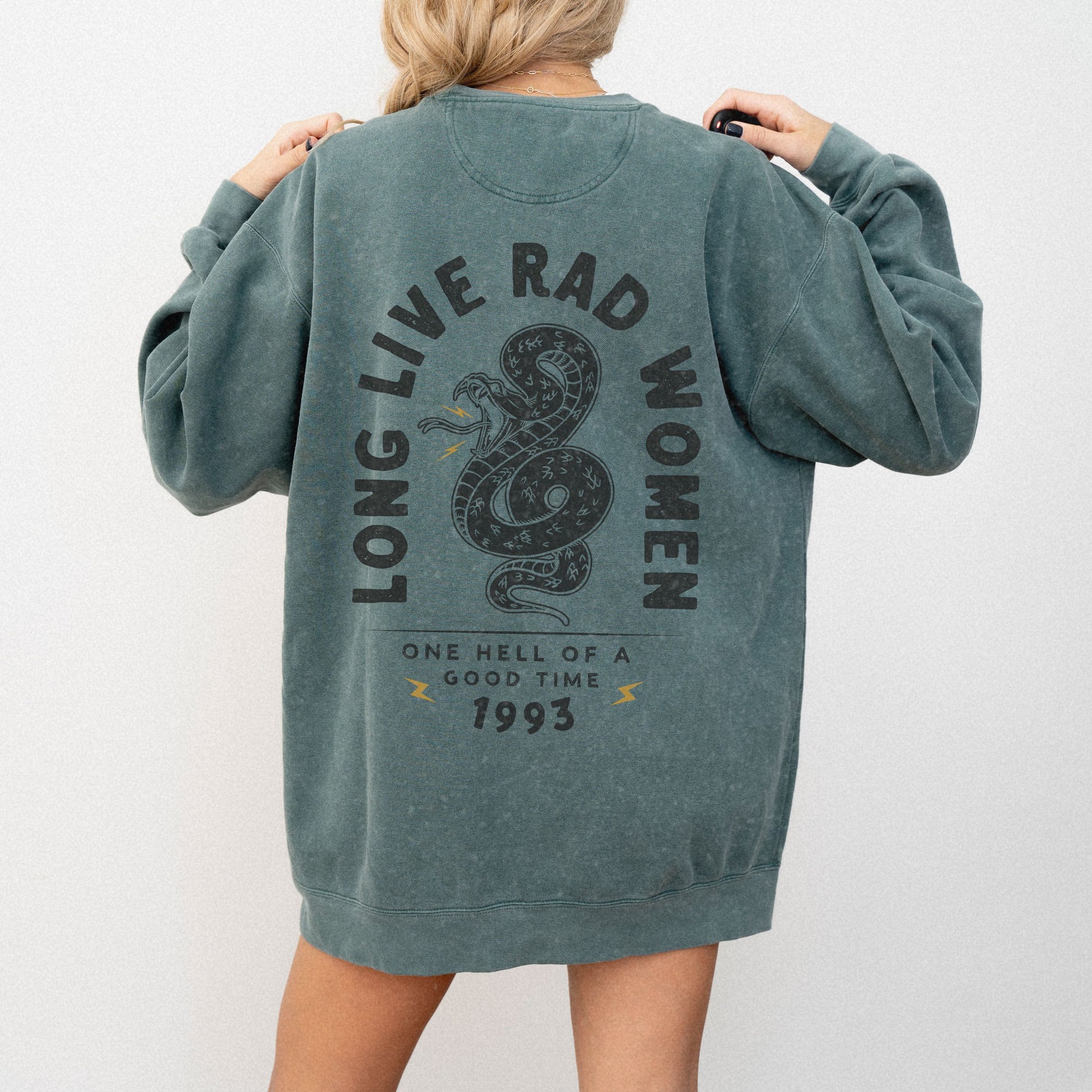 Long Live Rad Women retro graphic sweatshirt with snake design, vintage women pullover, relaxed fit sweatshirt, empowering feminist graphic tee, oversized casual shirt, lightweight retro top, perfect as a statement women tee or casual cotton shirt. 