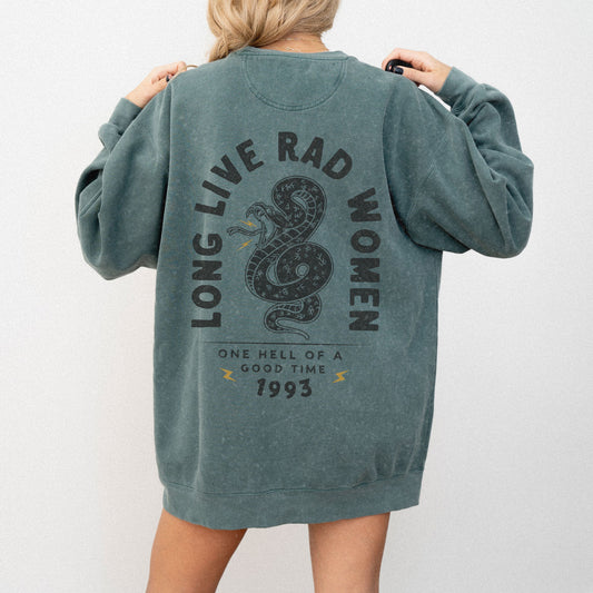 Long Live Rad Women retro graphic sweatshirt with snake design, vintage women pullover, relaxed fit sweatshirt, empowering feminist graphic tee, oversized casual shirt, lightweight retro top, perfect as a statement women tee or casual cotton shirt. 