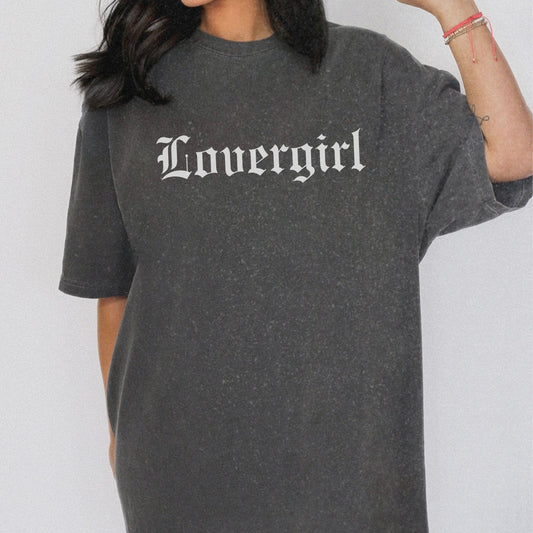 Vintage lovergirl tee in black with old English text font. Oversized casual fit perfect as a retro aesthetic shirt or edgy women’s graphic tee. Soft cotton black tee for everyday wear, combining minimalist style with trendy retro t-shirt vibes.