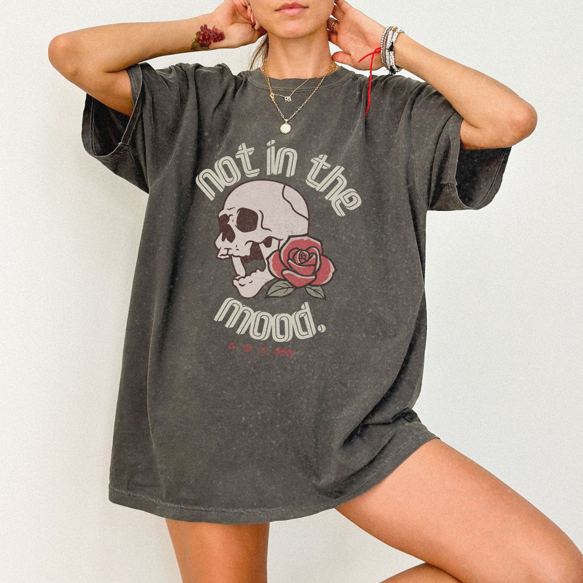 Not In The Mood Shirt with skull and rose design, edgy graphic tee for casual outfits, vintage skull shirt with retro style, perfect for alternative and moody fashion looks.