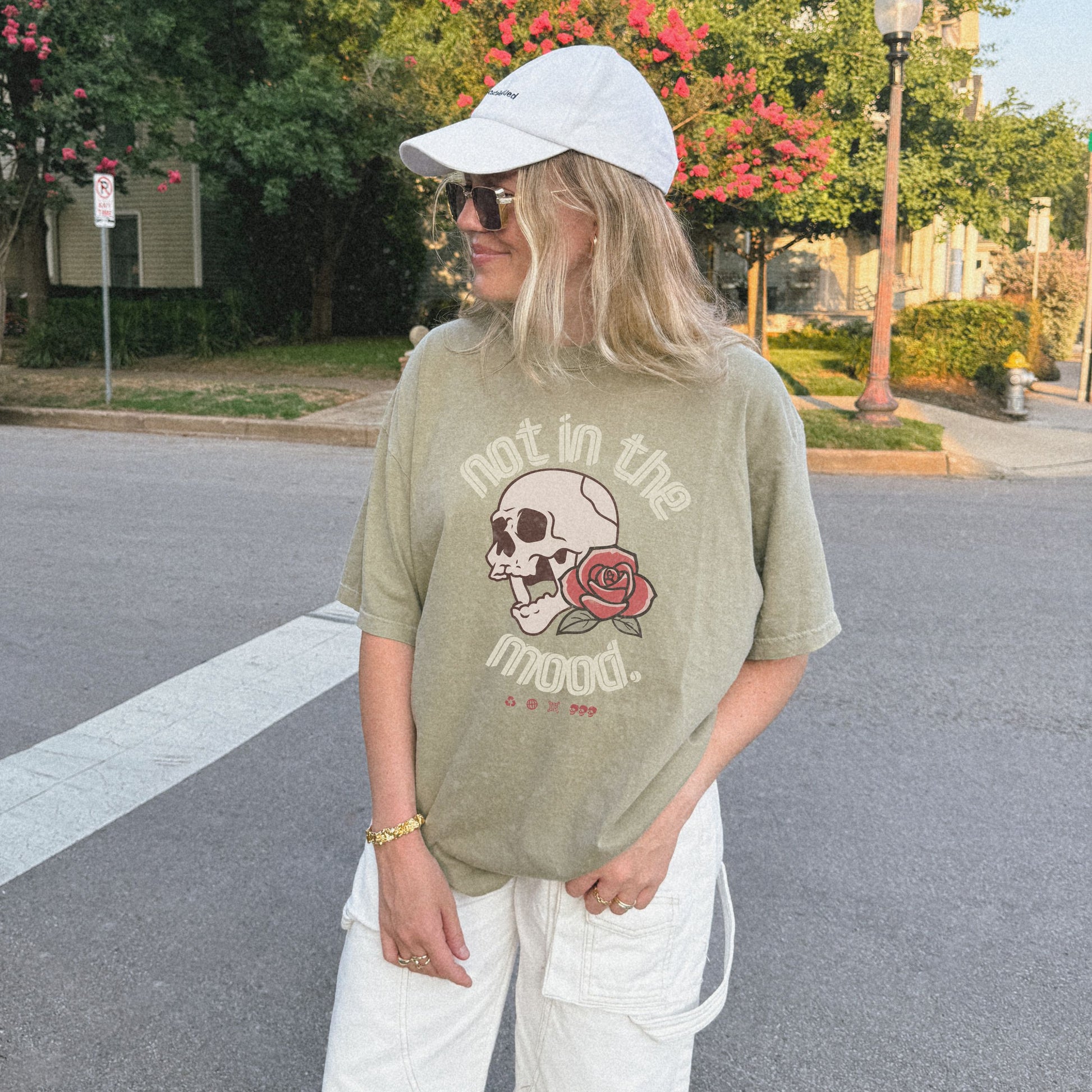 Not In The Mood Shirt with skull and rose design, edgy graphic tee for casual outfits, vintage skull shirt with retro style, perfect for alternative and moody fashion looks.