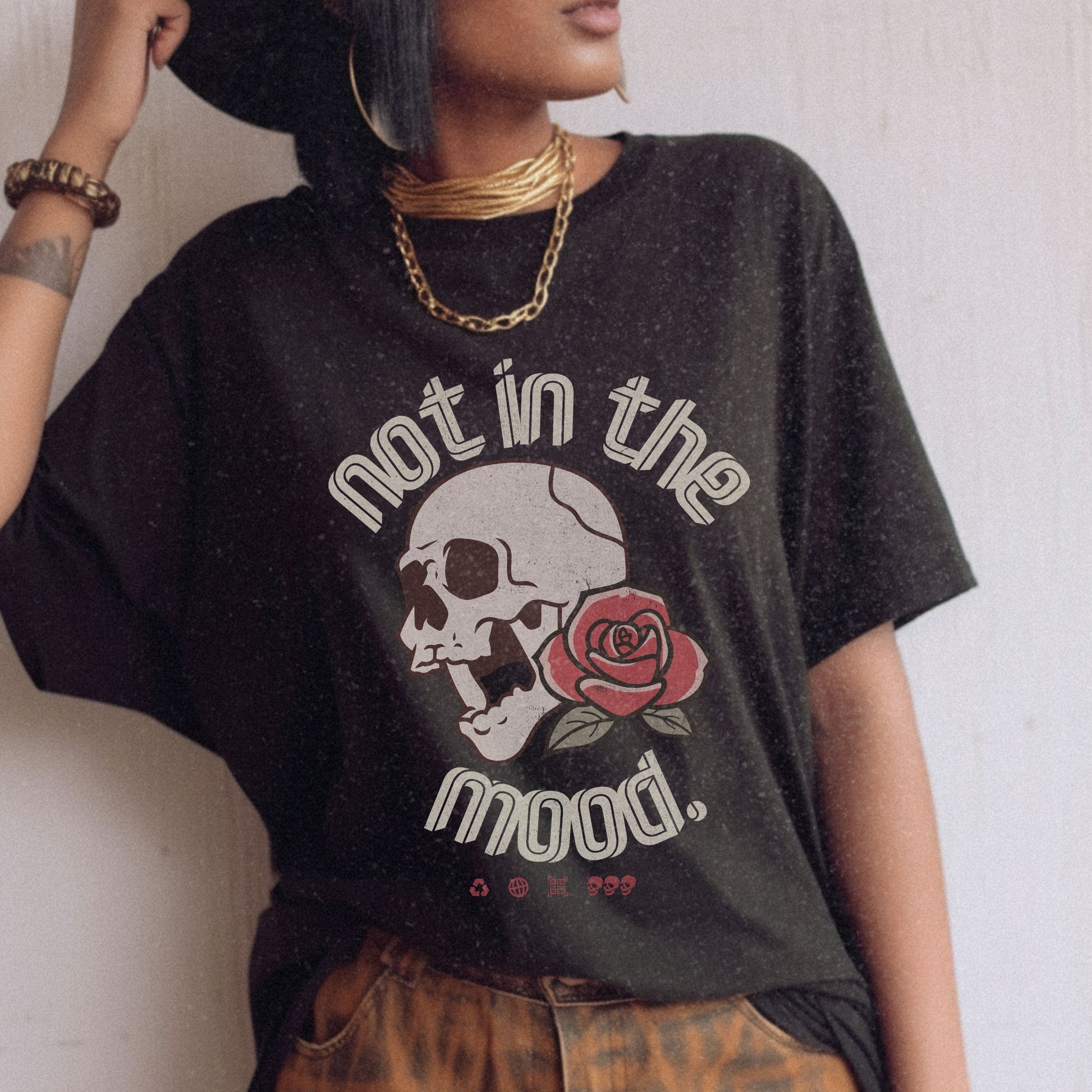 Not In The Mood Shirt with skull and rose design, edgy graphic tee for casual outfits, vintage skull shirt with retro style, perfect for alternative and moody fashion looks.