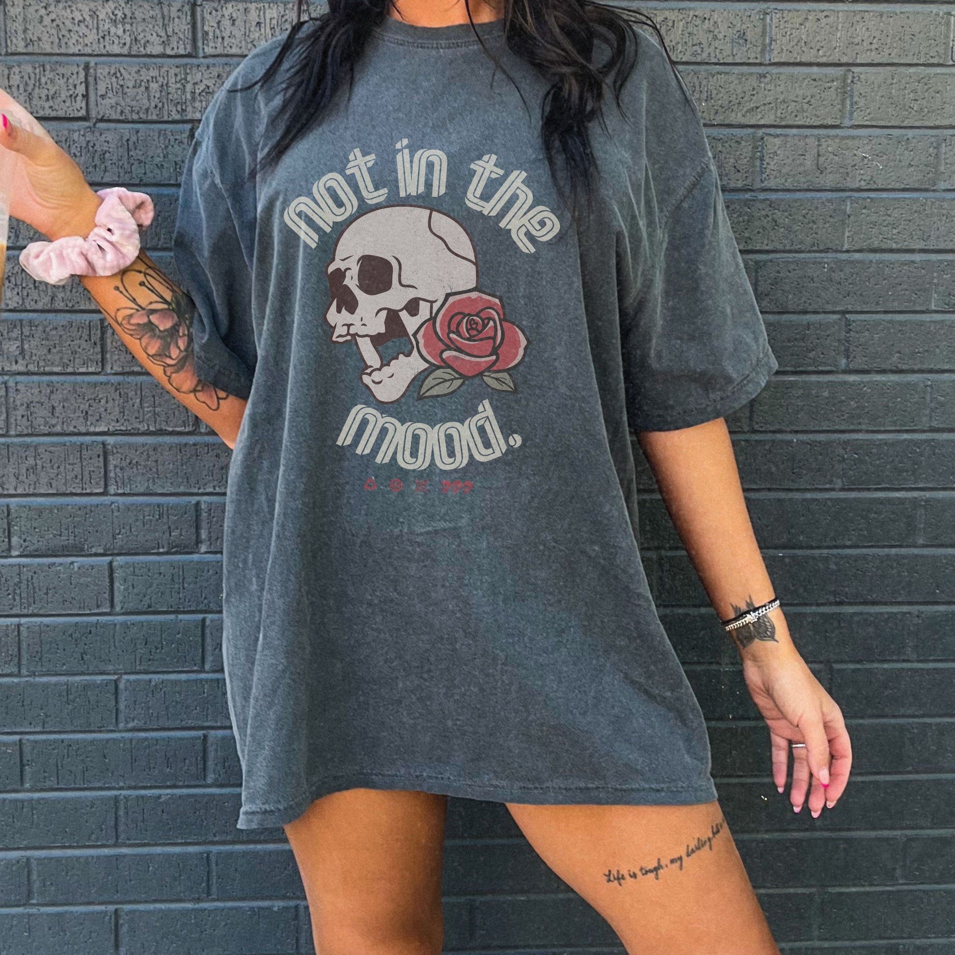 Not In The Mood Shirt with skull and rose design, edgy graphic tee for casual outfits, vintage skull shirt with retro style, perfect for alternative and moody fashion looks.