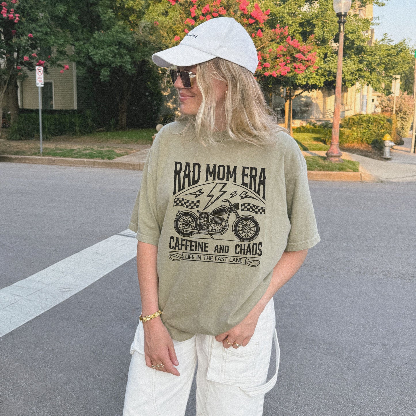 Rad mom graphic tee with a vintage motorcycle design. Caffeine and chaos slogan for stylish moms. Cool mom aesthetic with a rebellious vibe. Perfect mom life graphic tee for trendy outfits. Life in the fast lane moto shirt for everyday adventures.