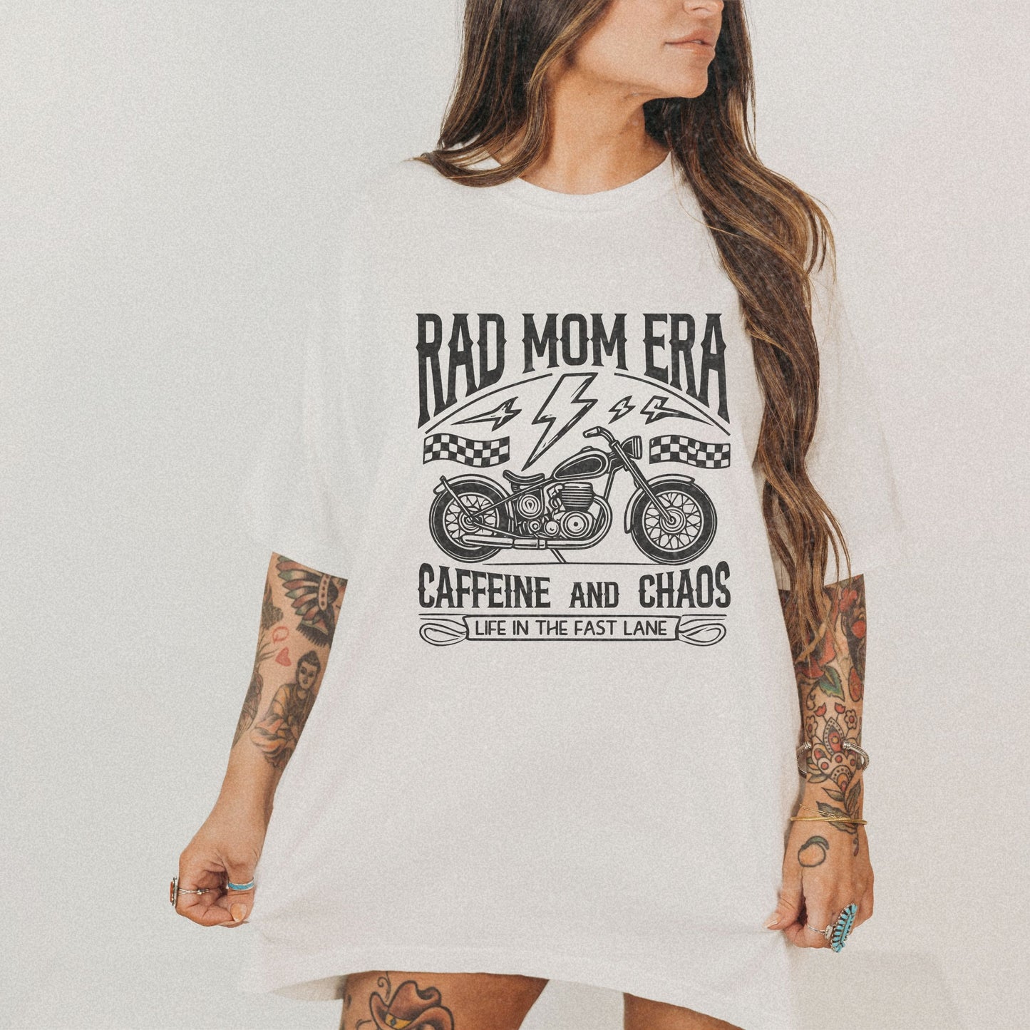 Rad mom graphic tee with a vintage motorcycle design. Caffeine and chaos slogan for stylish moms. Cool mom aesthetic with a rebellious vibe. Perfect mom life graphic tee for trendy outfits. Life in the fast lane moto shirt for everyday adventures.