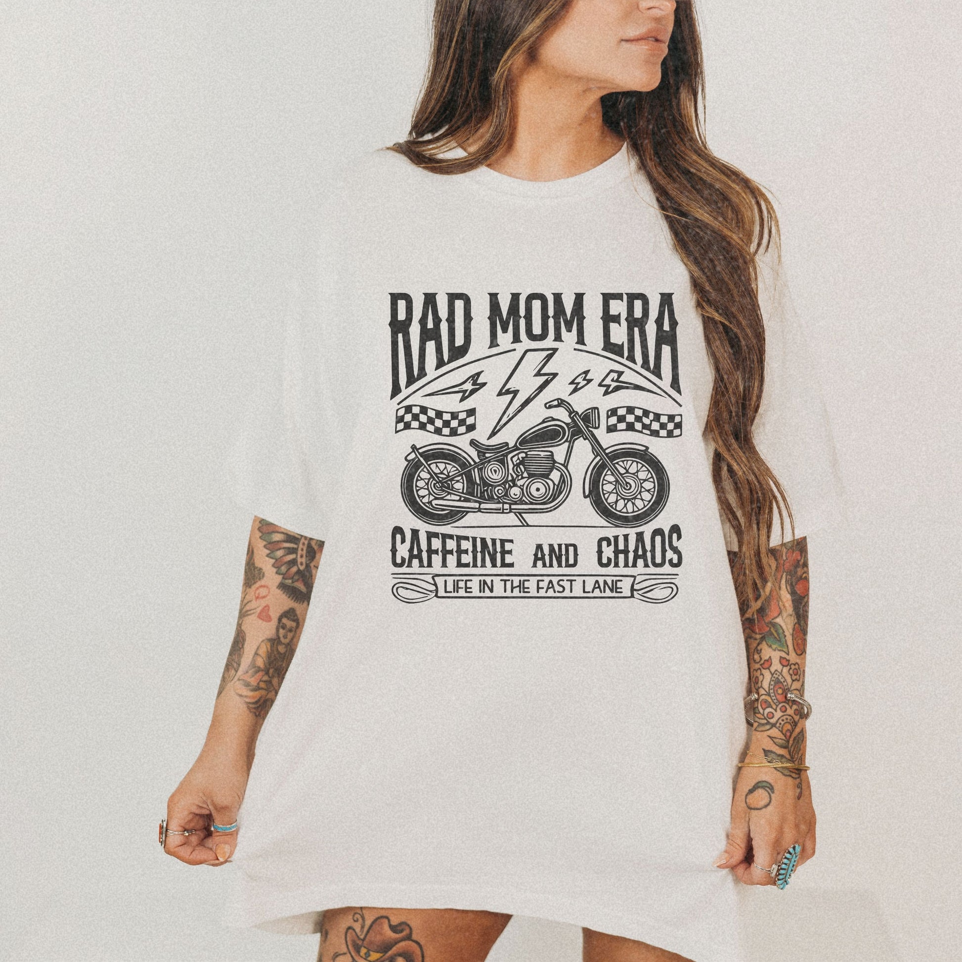 Rad mom graphic tee with a vintage motorcycle design. Caffeine and chaos slogan for stylish moms. Cool mom aesthetic with a rebellious vibe. Perfect mom life graphic tee for trendy outfits. Life in the fast lane moto shirt for everyday adventures.