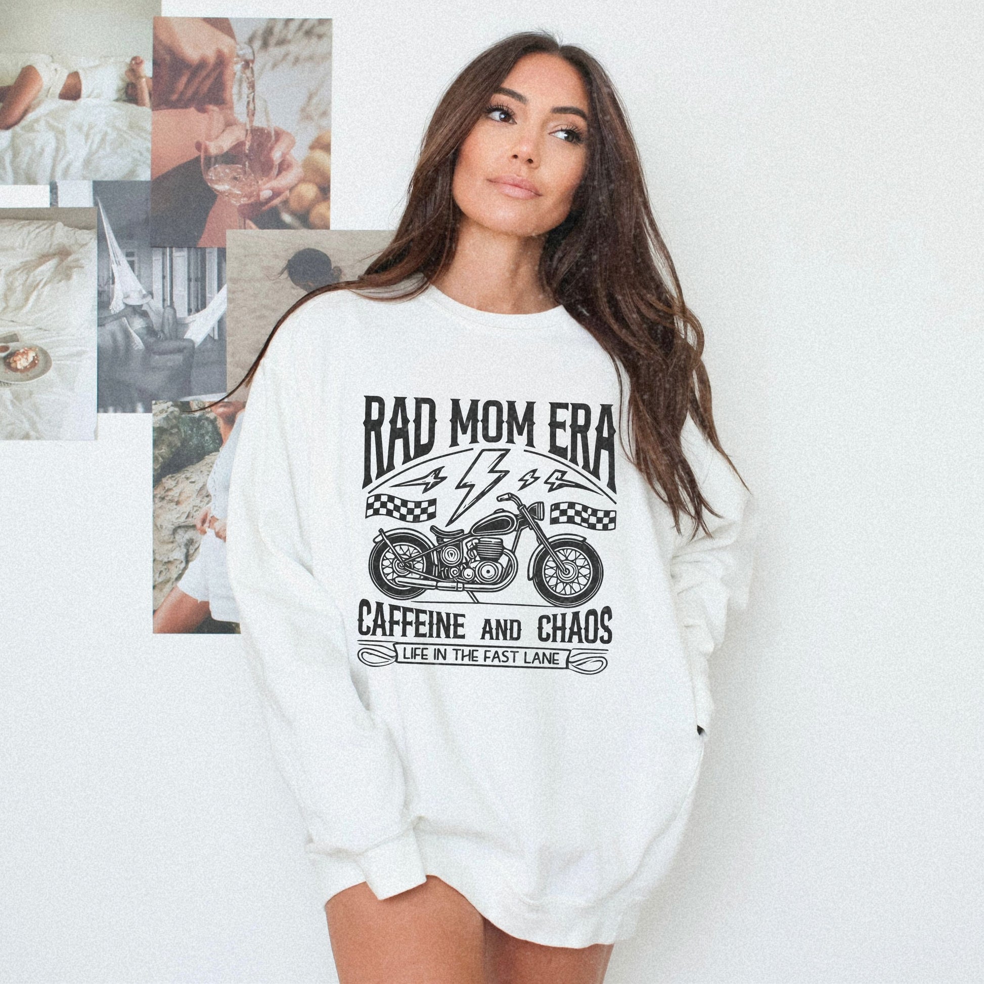 Rad mom graphic tee featuring a vintage motorcycle design with bold text. Perfect for edgy mom style, this trendy mom sweatshirt embodies caffeine chaos vibes and retro mom life. Great for biker moms or stylish moms seeking a casual yet bold look.