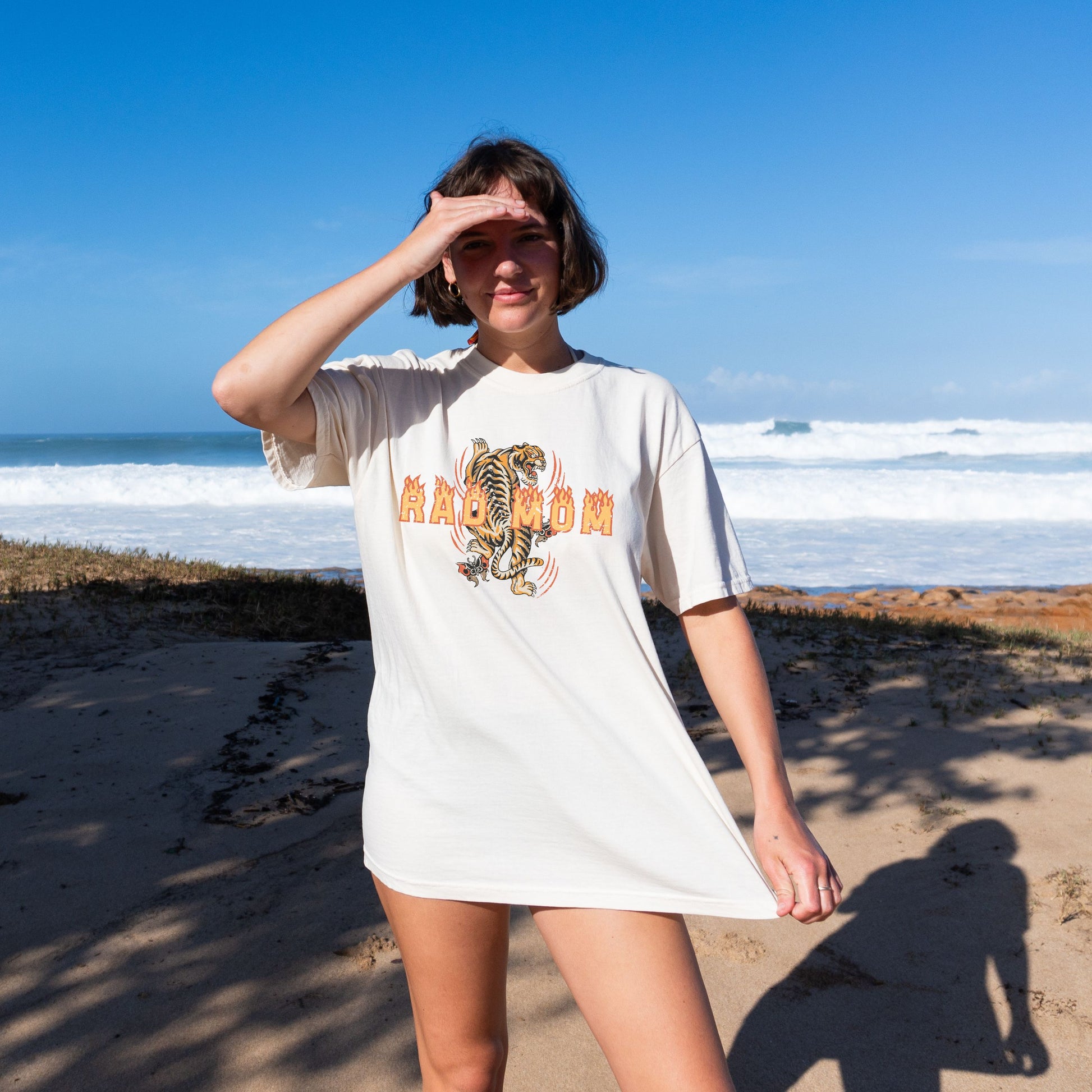 Rad mom graphic tee featuring bold vintage tiger design with flame details. Cool mom streetwear shirt with retro tattoo style graphic perfect for everyday edgy mom style and bold vintage inspired streetwear.