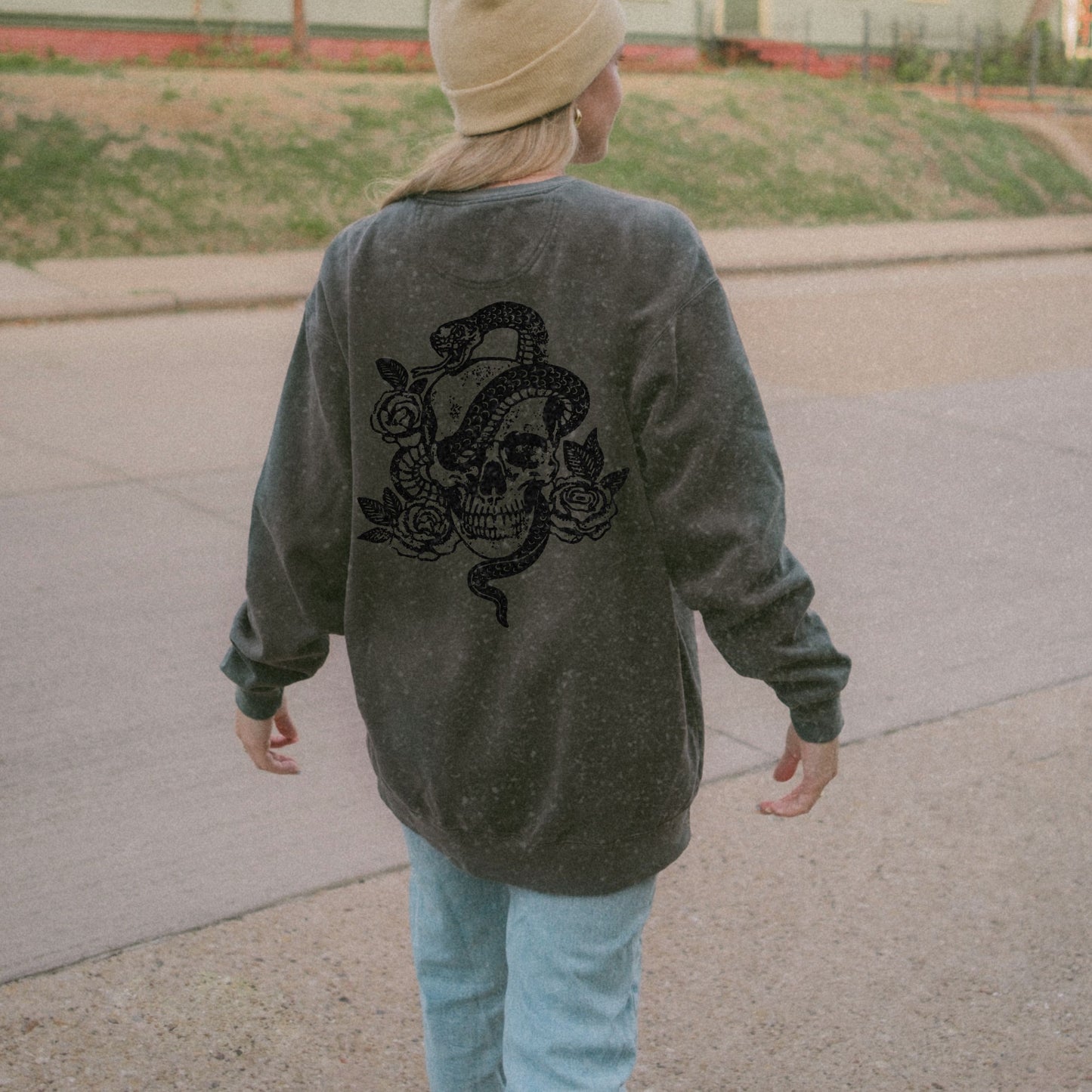 Dark cottagecore top with skeleton graphic and snake design, witchy celestial style sweatshirt, edgy retro pullover perfect for gothic fashion lovers.