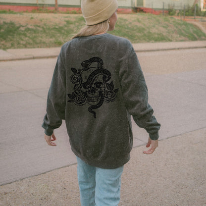 Dark cottagecore top with skeleton graphic and snake design, witchy celestial style sweatshirt, edgy retro pullover perfect for gothic fashion lovers.