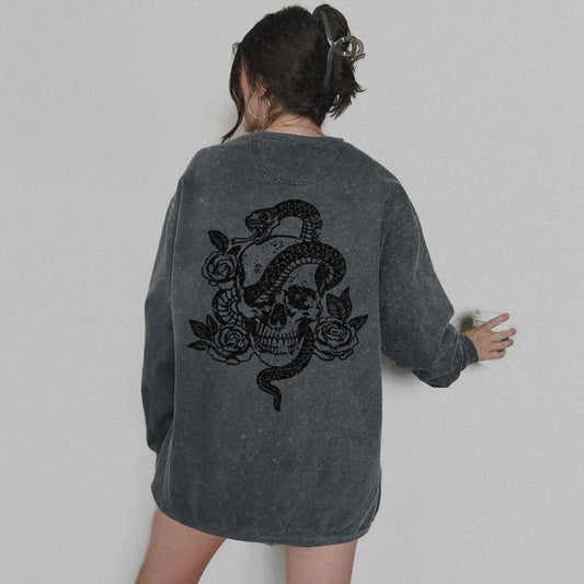 Dark cottagecore top with skeleton graphic and snake design, witchy celestial style sweatshirt, edgy retro pullover perfect for gothic fashion lovers.