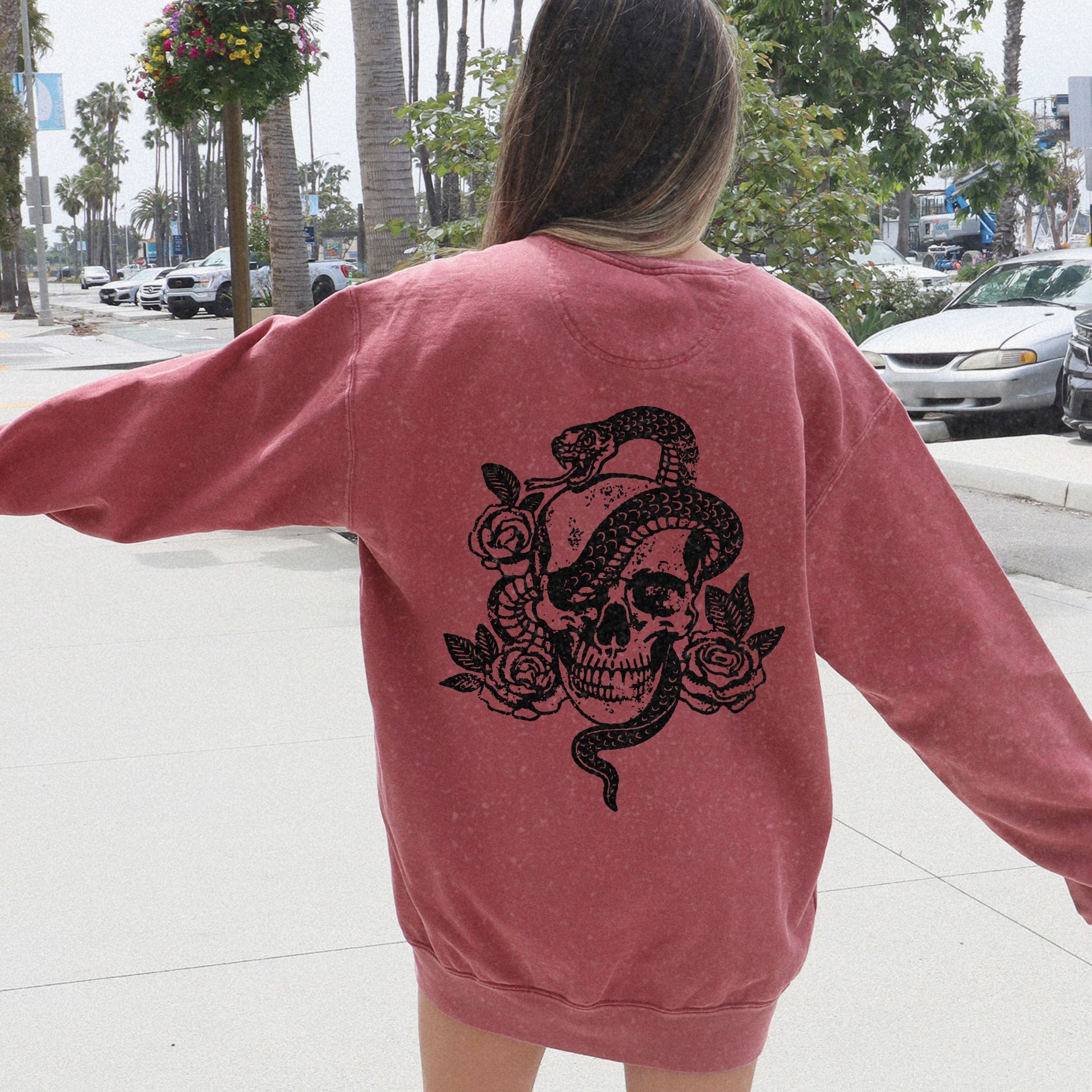 Dark cottagecore top with skeleton graphic and snake design, witchy celestial style sweatshirt, edgy retro pullover perfect for gothic fashion lovers.