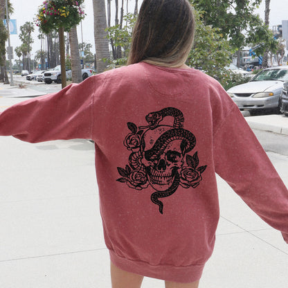 Dark cottagecore top with skeleton graphic and snake design, witchy celestial style sweatshirt, edgy retro pullover perfect for gothic fashion lovers.