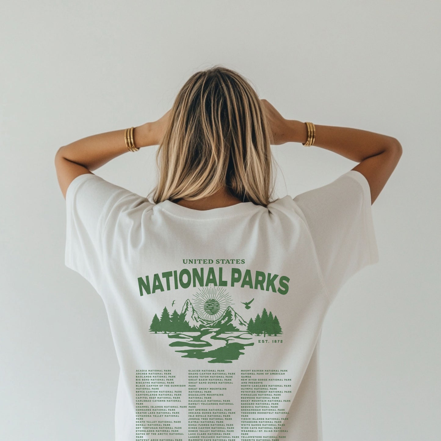 Person wearing a white t-shirt with 'United States National Parks' design on the back.